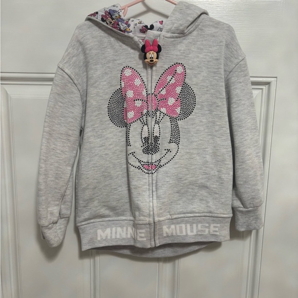 Disney Minnie Mouse Zip Hoodie Girls 5 Gray Pink Polka Dot Bow Full Zip Jacket - Picture 1 of 5